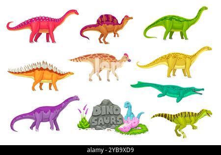 Prähistorische Cartoon-Dinosaurier-Tierfiguren mit Baby-Dino in Eierschale. Vektor jurassic metriorhynchus, Amygdalodon, Amurosaurus und Neovenator, Kotasaurus, Oxalaja und Lexovisaurus Dinosaurier Set Stock Vektor