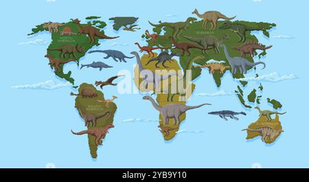 Dinosaurier-Infografiken im 8-Bit-Retro-Pixel-Art-Stil. Vektorpädagogische Weltkarte mit prähistorischen Dino-Arten auf den Kontinenten Nordamerika, Südamerika, Afrika, Eurasien und Australien Stock Vektor