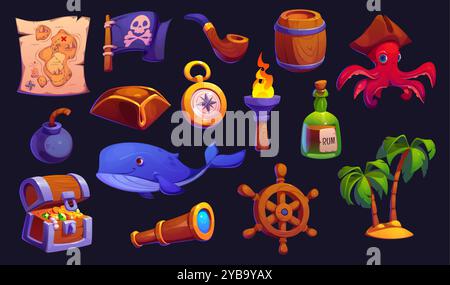 Ikonen für das Karibikabenteuer der Schatzinsel, Vektor-GUI-Elemente. Piratenspiel-Assets wie Schatzkarte und Oktopus-Korsair in Tricorne-Hut mit Rum und Matrosenkompass Stock Vektor