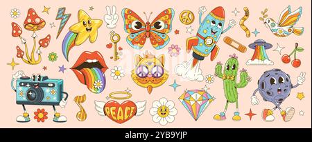 Cartoon-Retro-Hippie-Charaktere. Lustige Gänseblümchen, psychedelische Pilze und RegenbogenSchmetterlinge Vektorfiguren. Niedliche Katze mit hipper Sonnenbrille mit Friedenssymbol, Vintage-Kamera, Rakete und Herz Stock Vektor
