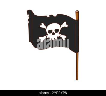 Retro-Cartoon-grooviger Pirat und schwarze Korsair-Flagge mit Schädel und Crossbs, flatternd im Wind. Verwittertes Banner mit vereinzeltem Vektor und fröhlichem roger symbolisiert Abenteuer, Gefahr und Nervenkitzel Stock Vektor