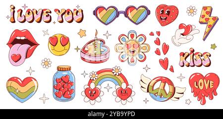 Set mit tollen y2k-Liebessymbolen und Vintage-Hippie-Stickern. Vektor funky Blumen, Regenbogen, Liebesherz Emoticon und psychedelische Hippie Frieden Symbol. Groovige Sonnenbrille in Herzform, Kuchen und Süßigkeiten Stock Vektor