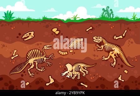 Dinosaurierfossil in Bodenschichten, Archäologie und paläontologische Ausgrabung. Cartoon-Vektor-Bodenquerschnitt mit alten Dino-Knochen und Skeletten. Paläontologische Untersuchungen an prähistorischen Tieren Stock Vektor