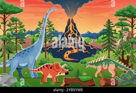 Prähistorische Landschaft mit Dinosauriern und Vulkan im Jurassic Forest Park, Vektor-Hintergrund. Cartoon-Dinosaurier und prähistorische lustige Dino-Eidechsen im prähistorischen Dschungel mit VulkanLavaausbruch Stock Vektor