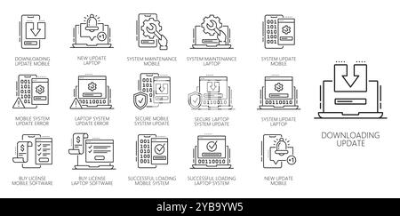 Aktualisieren von Software-App-Zeilensymbolen für Computer- oder Mobiltelefonanwendungen, Vektorsymbole. Symbole der Update-Software-App in der Fortschrittsleiste der Upgrade-Installation, Downloadprozess der neuen Betriebssystem-Version Stock Vektor