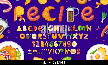 Frühstück Essen Schriftart, gesunde Art, Lunch Schriftart, appetitliche Alphabet Vektor Typografie. Zeichentrickbuchstaben und Zahlen aus dem Frühstück. Kaffee, Croissants, Würstchen und Eierspeisen mit Alphabet Stock Vektor