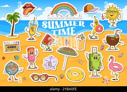 Retro-Cartoon-Paket mit groovigen Reiseaufklebern. Vektorset mit Sommer-Themen-Patches, lustige Sonne, Wassermelone, Eis und Kokosnussgetränk Charaktere. Regenbogen, Palme, Gläser und Lippen am Sandstrand Stock Vektor