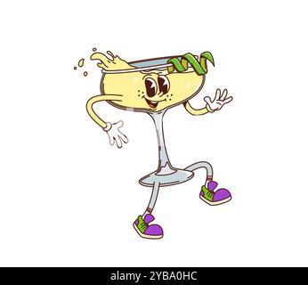 Retro-Daiquiri-Cocktailfigur in einem klassischen Glas, verziert mit Limetten-Twist und lustiger, dynamischer Pose mit verspieltem Ausdruck. Isolierte Vektor-Hippie-Daiquiri-Cocktailbar-Menü-Persönlichkeit Stock Vektor