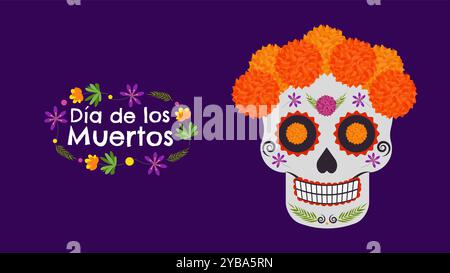 Tag des Todes. Dia De Los Muertos. Traditioneller mexikanischer Feiertag zu Ehren der Seelen des Verstorbenen. Zuckerschädel calaveras Ringelblume blüht Knochen. Entwerfen Sie Postkartenbanner. Vektor. Stock Vektor