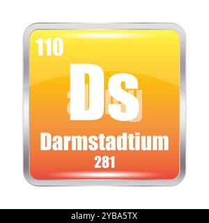 Darmstadtium-Symbol. DS chemisches Element. Atomzahl 110. Masse 281. Glänzendes orangefarbenes Quadrat. Stock Vektor