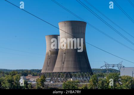 Middletown, PA/USA – 11. Oktober 2024: Three Mile Island, der Ort des Atomkraftunfalls von 1979 und derzeit stillgelegt, wird vorgeschlagen, die Insel wieder zu eröffnen Stockfoto