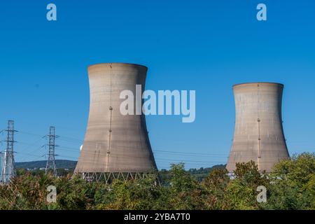 Middletown, PA/USA – 11. Oktober 2024: Three Mile Island, der Ort des Atomkraftunfalls von 1979 und derzeit stillgelegt, wird vorgeschlagen, die Insel wieder zu eröffnen Stockfoto