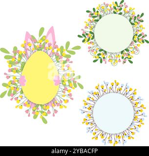 Eierform mit Blütenzweigen, verstecktem Häschen und Kreisrahmen mit Frühlingszweigen. Beschriftungsvorlage 3er-Set. Kopierbereich. Isolierte Vektor-Illustration Ostern Grußkarten, Poster, Faltblatt Promo oder Web Stock Vektor
