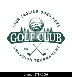 Golf Club Champion Turnier Logo mit Golfball Design, zwei gekreuzte Golfschläger und Kiefernbaum Hintergrund Vektor Illustration Stock Vektor