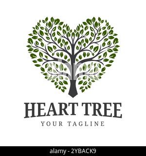 Love Tree Design. Herzförmiger Baum mit Zweigen und Blättern, Symbol der Liebe, Wachstum und natürliche Leben Logo-Illustration Stock Vektor