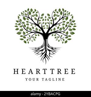 Love Tree Design. Herzförmiger Baum mit wachsenden Wurzeln und Natural Life Logo-Illustration Stock Vektor