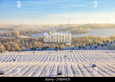 Ballen auf einem Stoppelfeld in einer winterlichen ländlichen Landschaft ein sonniger kalter Wintertag und Windräder am Horizont, Schweden, Europa Stockfoto