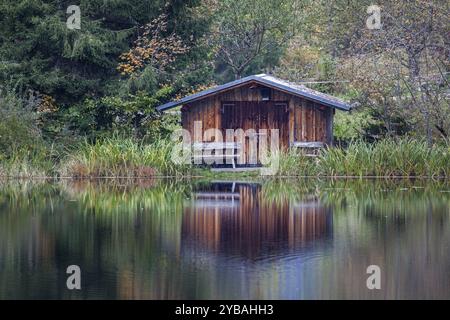 Holzhütte am Ufer des Moorteichs Oberstdorf, Oberallgaeu, Allgaeu, Bayern, Deutschland, Europa Stockfoto