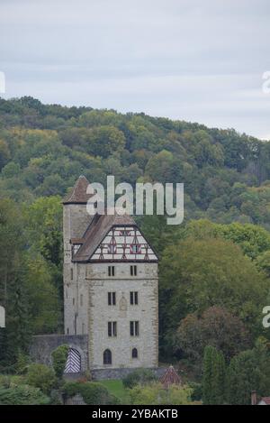 Schloss Buchenbach in Mulfingen-Buchenbach, Fachwerk, Mittelalter, Jagsttal, Jagst, Hohenlohe, Heilbronn-Franken, Baden-Württemberg, Deutschland Stockfoto