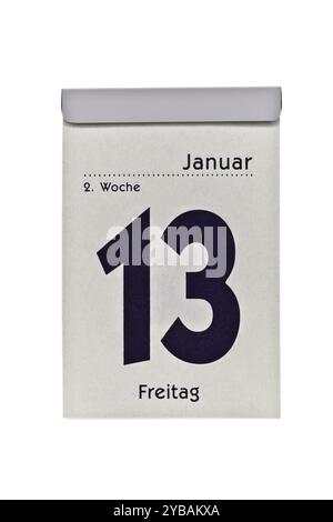 Der Abreißkalender zeigt Freitag, den 13. Januar. Die Zahl 13 ist für viele Menschen eine unglückliche Zahl, obwohl Freitag der 13. Als Tag auf W gilt Stockfoto