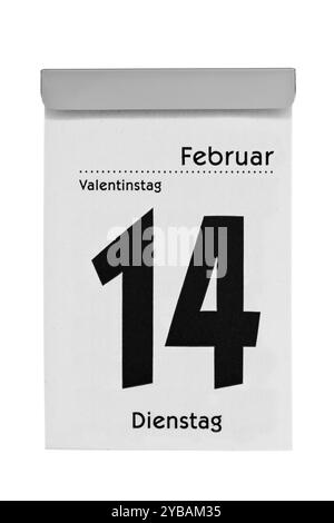 Abreißkalender mit Valentinstag vor weißem Hintergrund Stockfoto