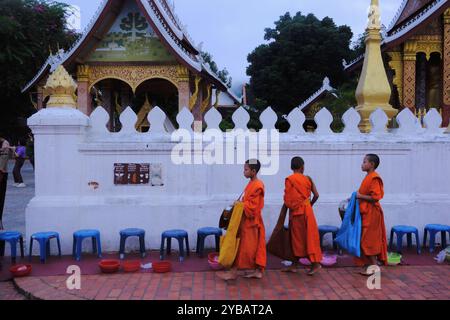 Junge Mönche, die nach einer Almosenzeremonie am frühen Morgen auf der Sakkaline Road im historischen Viertel zum Tempel zurückkehren. Luang Prabang. Laos Stockfoto