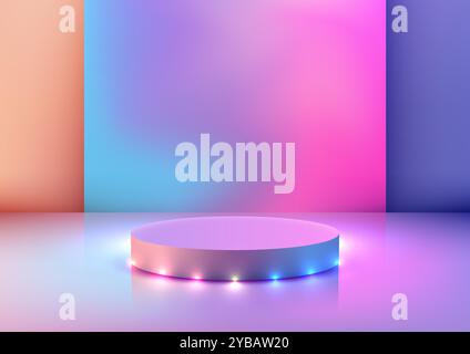 Das futuristische 3D-Podium wird durch farbenfrohe Lichter vor einem weichen Hintergrund mit Farbverlauf beleuchtet, eine schlanke und moderne Bühne für Produktpräsentationen, Mockups und Stock Vektor