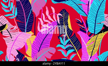 Botanisches nahtloses Muster, verschiedene handgezeichnete Blätter auf Rot Stock Vektor