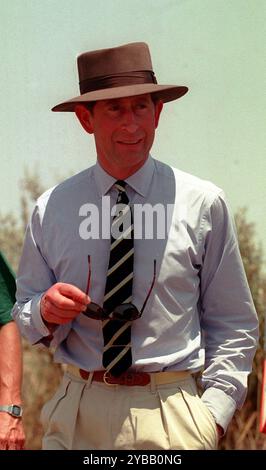 Aktenfoto vom 27. April 01/94 von König Karl III. (Damals Prinz von Wales), der die Landschaft während eines Besuchs bei einem Entsalzungsmanagementprojekt in Othha in New South Wales, Australien, vermisst. Der König und die Königin beginnen einen fünftägigen Besuch in Australien am Freitag, der ersten Langstreckenreise des Königs nach Übersee seit seiner Krebsdiagnose. Ausgabedatum: Freitag, 18. Oktober 2024. Stockfoto