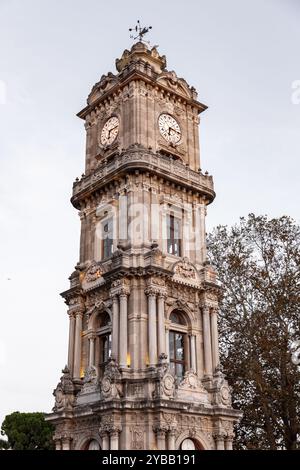 Der Uhrenturm des Dolmabahce-Palastes befindet sich in Besiktas, an der europäischen Küste des Bosporus, Istanbul Stockfoto