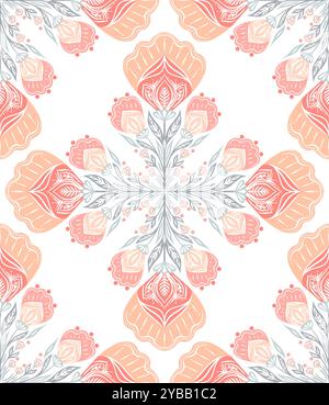 Vektor dekoratives Volkskunstmuster mit floralen Mandalas in zarten Farben auf weißem Hintergrund. Nahtlose Textur mit rosa Blumenbouq Stock Vektor