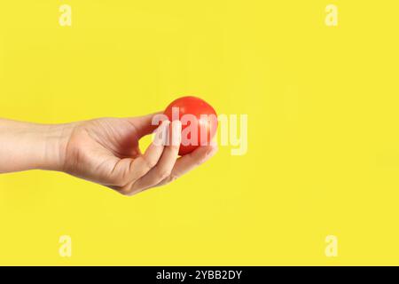 Reife rote Tomate in weiblicher Hand auf gelbem Hintergrund. Nahaufnahme einer Hand mit einer Tomate. Ernte. Gesunde Ernährung und Ernährungskonzept. Gemüse. Weiß Stockfoto