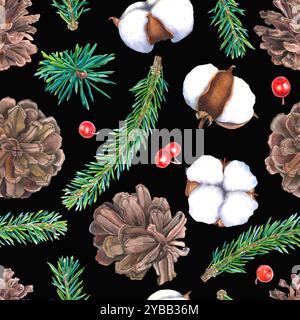 Nahtloses Muster für Weihnachten. Tannenzweige, Tannenzweige, stechpalmenzweige, rote Beeren, Baumwoll. Handgezeichnete Illustration auf schwarzem Hintergrund. Stockfoto
