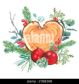 Herzförmige Holzscheibe, runde rote Glaskugeln, Kiefer, Tanne, Thuja-Zweige, stechpalmenbeeren, Eukalyptus. Handgezeichnete Aquarellillustration von Weihnachten Stockfoto