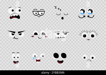 Gesichts-Emotionen, Comic-Ausdrücke, niedliche verrückte Augen-Sammlung isoliert. Lachen Sie mit lustigen Comic-Designelementen. Emotionales Comic-Gesicht mit Augen, Mund, Zunge und Zähnen. Vektorabbildung Stock Vektor