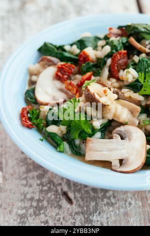 Hausgemachte Spinat- und Pilzrisotto und sonnengetrocknete Tomaten. Stockfoto