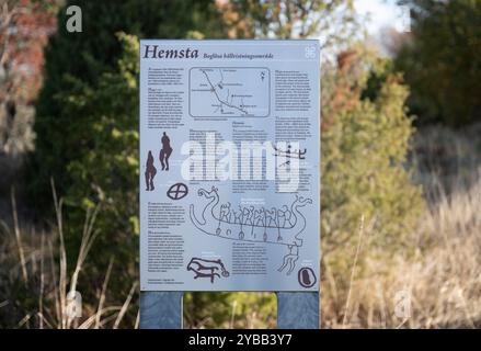 Eine archäologische Sensation wurde auf einer bronzezeitlichen Steinplatte außerhalb von Enköping entschlüsselt. Dreitausend Jahre alte Steinschnitzereien auf Hemstahällen wurden jetzt decodiert. Die Figuren, die als unverständliche Knockdown-Bilder in Form von Booten, Riesen und Tieren angesehen wurden, haben sich als vollständige Kopie und Reproduktion der Wikingersaga "Ingvar Vittfarnes Saga" erwiesen, die viel später in Island, 1000 Jahre n. Chr., aufgenommen wurde. Es ist der Archäologe und Historiker Jonathan Lindström, der in seinem neuen Buch „die älteste Geschichte der Welt“ beweist, wie alte europäische Mythen auch gewesen sind Stockfoto