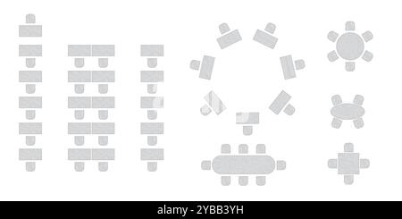 Sitzplan für Hochzeiten. Konferenz Bankett Seminarraum Inneneinrichtung, Konferenzsaal und Seminarraum Inneneinrichtung. Vektor-Draufsicht von Stock Vektor