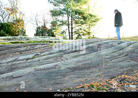 Eine archäologische Sensation wurde auf einer bronzezeitlichen Steinplatte außerhalb von Enköping entschlüsselt. Dreitausend Jahre alte Steinschnitzereien auf Hemstahällen wurden jetzt decodiert. Die Figuren, die als unverständliche Knockdown-Bilder in Form von Booten, Riesen und Tieren angesehen wurden, haben sich als vollständige Kopie und Reproduktion der Wikingersaga "Ingvar Vittfarnes Saga" erwiesen, die viel später in Island, 1000 Jahre n. Chr., aufgenommen wurde. Es ist der Archäologe und Historiker Jonathan Lindström, der in seinem neuen Buch „die älteste Geschichte der Welt“ beweist, wie alte europäische Mythen auch gewesen sind Stockfoto