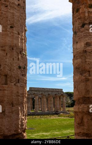 Blick vom Tempel der Hera, einem griechischen Tempel, erbaut um 450 v. Chr., über den ersten Tempel der Hera, auch bekannt als die Basilika, erbaut 550 v. Chr., in Paestum, Italien Stockfoto