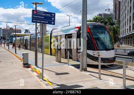 Straßenbahn, Metro Express, Caudan Waterfront, Port Louis, Indischer Ozean, Insel, Mauritius, Afrika Mcpins *** Straßenbahn, Metro Express, Caudan Water Stockfoto