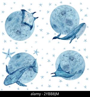 Mond und Mantarochen, Seesterne, Blauwal nahtloses Muster isoliert auf weiß. Hochwertiges, handgezeichnetes blaues einfarbiges Aquarell für Textilien Stockfoto