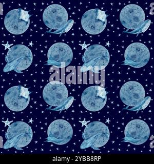 Mond und Mantarochen, Seesterne, Blauwal nahtloses Muster auf dunkelblauem Hintergrund. Hochwertiges, handgezeichnetes blaues einfarbiges Aquarell für Textilien Stockfoto