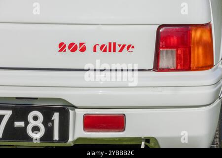 Detail mit dem roten 205 Rallye-Logo auf einem weißen peugeot 205 Rallye-Wagen, der auf Gras geparkt ist Stockfoto