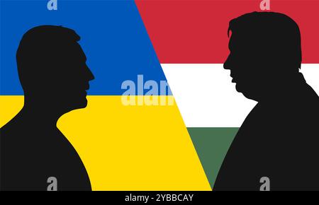 Silhouette von Wiktor Orban und Wolodymyr Zelenskij vor dem Hintergrund der Flaggen der Ukraine und Ungarns. Stockfoto