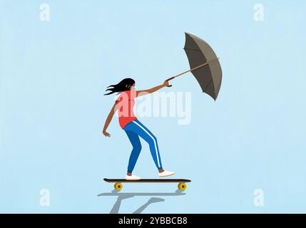 Mädchen mit Schirm Skateboarding im Wind auf blauem Hintergrund Stockfoto