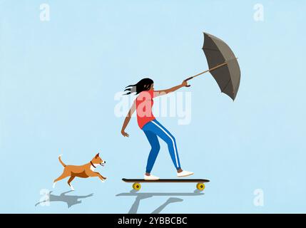 Hund jagt Mädchen Skateboarding mit Regenschirm im Wind Stockfoto