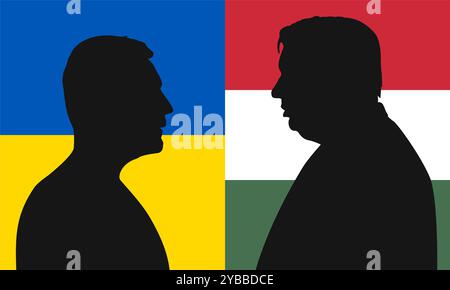 Silhouette von Wiktor Orban und Wolodymyr Zelenskij vor dem Hintergrund der Flaggen der Ukraine und Ungarns. Stockfoto