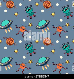 Nahtloses kindliches Raummuster mit lustigen Aliens, fliegenden Untertassen, Sternen, Planeten. Monster im Weltraum. Für Kindertextilien, Geschenkpapier, Stoff Stock Vektor