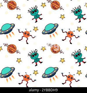 Nahtloses kindliches Raummuster mit lustigen Aliens, fliegenden Untertassen, Sternen, Planeten auf weißem Hintergrund. Für Kindertextilien, Geschenkpapier, Stoff Stock Vektor